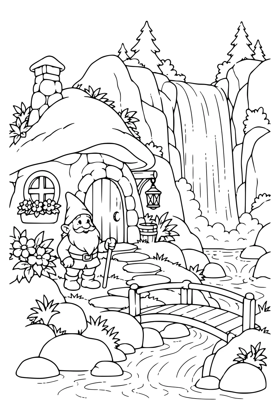 Kleurplaat: Een kabouterhuis naast de waterval.