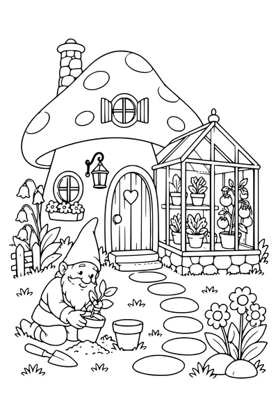 Coloriage : Une maison de lutin avec une serre.