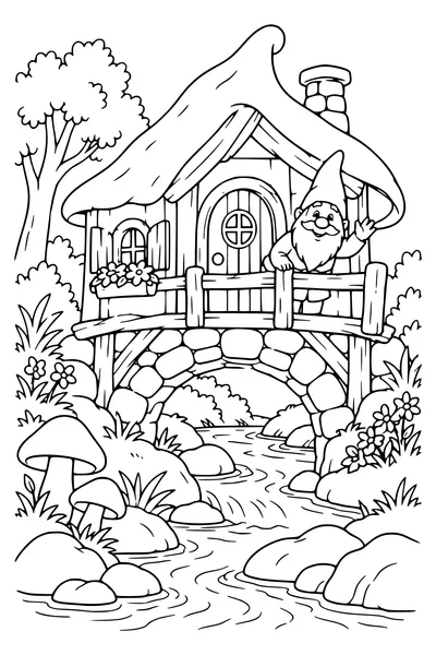 Coloriage : Une maison de lutin au-dessus du ruisseau.