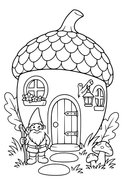 Coloriage : Une maison de lutin dans un gland.