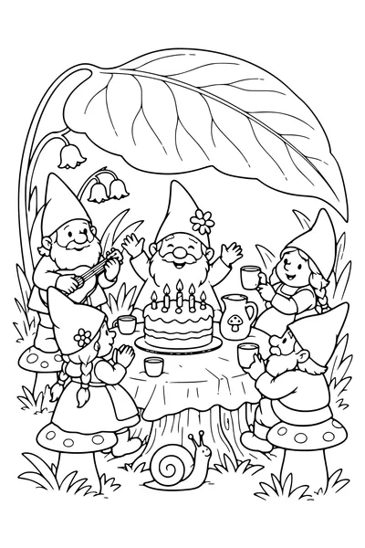 Coloriage : Un anniversaire de lutins sous une feuille.