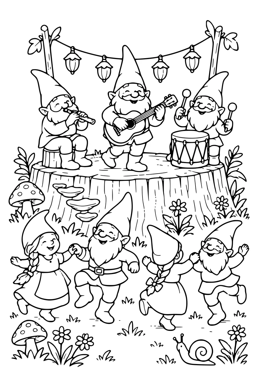 Coloriage : Concert de lutins sur une souche.