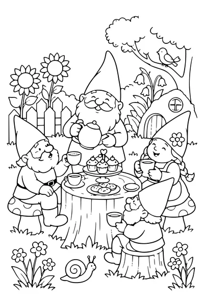 Coloriage : Le goûter des lutins au jardin.