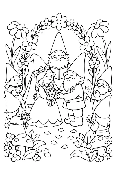 Coloriage : Mariage de lutins parmi les fleurs.