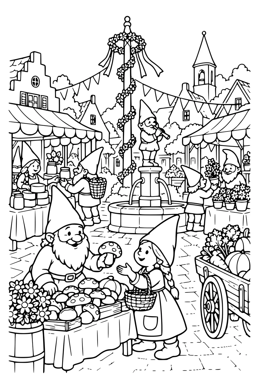 Coloring page: A gnome market in the village square.