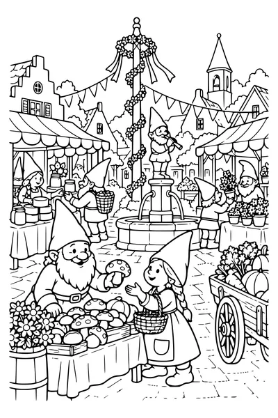 Coloriage : Le marché des lutins sur la place.