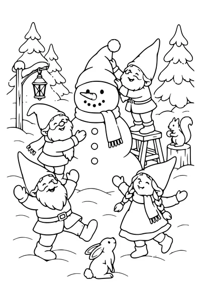 Coloriage : La fête des lutins dans la neige.