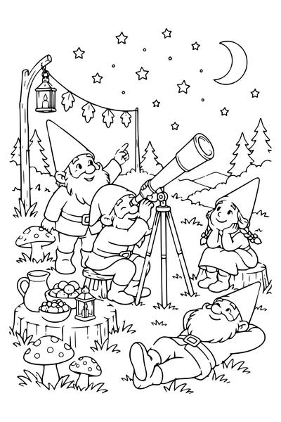 Coloriage : Des lutins observent les étoiles.