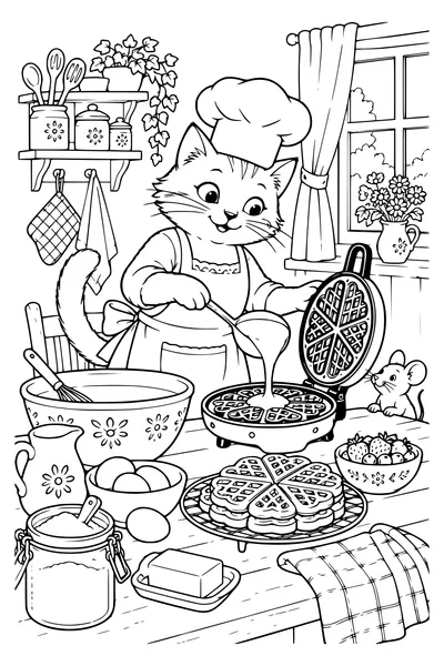Coloring page: A cat makes waffles.