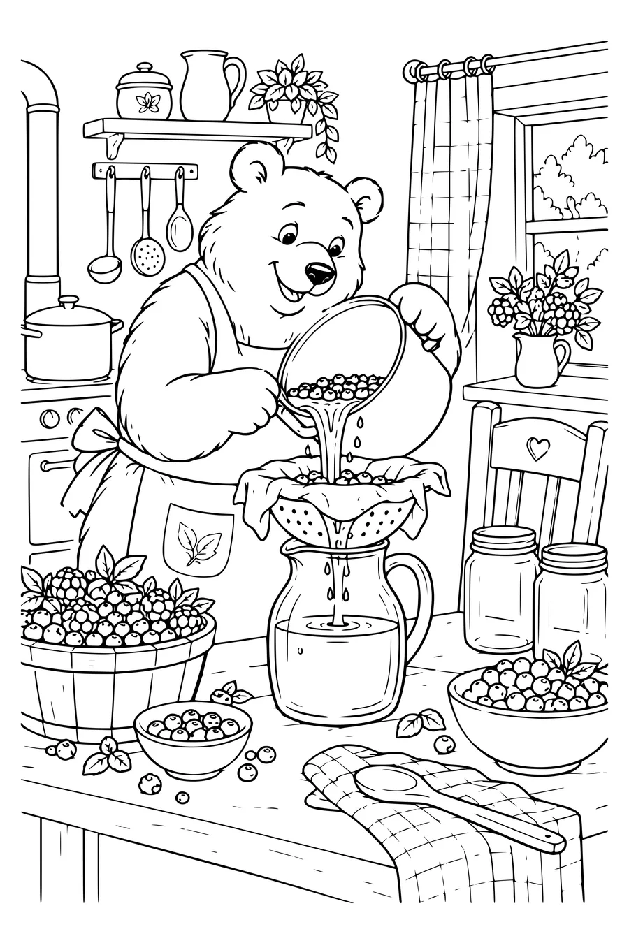 Coloring page: A bear makes berry juice.
