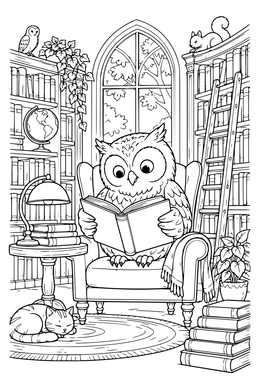 Coloring page: An owl reads in a library.