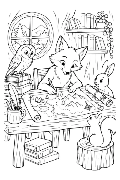 Ausmalbild: Ein Fuchs zeichnet eine Landkarte.