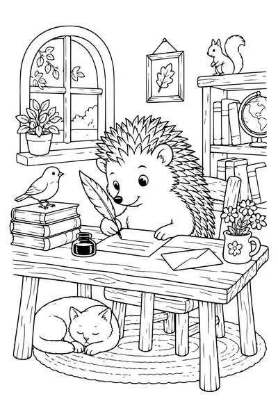 Ausmalbild: Ein Igel schreibt einen Brief.