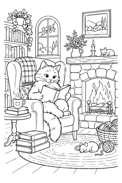 Coloring page: A cat reads by the fireplace.