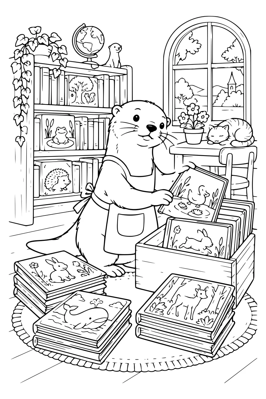 Coloring page: An otter sorts picture books.