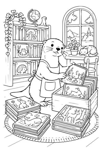 Ausmalbild: Ein Otter sortiert Bilderbücher.