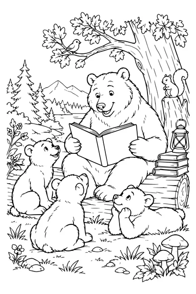 Ausmalbild: Ein Bär liest den Jungen vor.