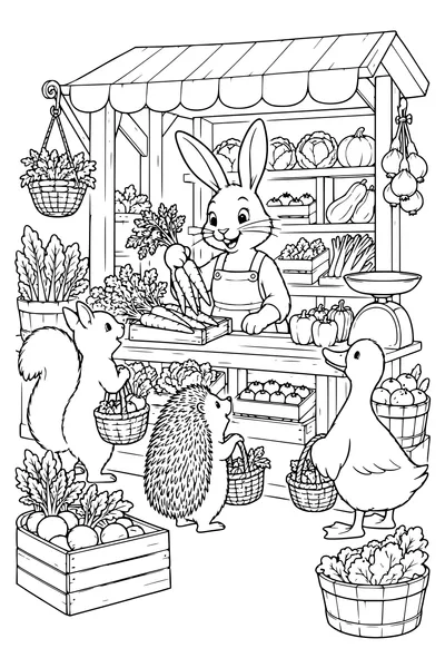 Ausmalbild: Ein Kaninchen führt einen Gemüseladen.