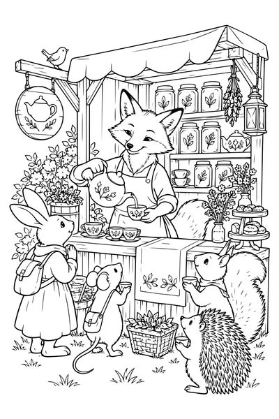 Ausmalbild: Ein Fuchs verkauft Tee.