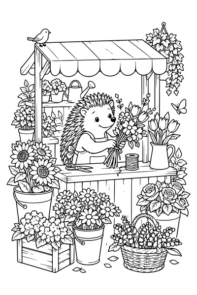 Ausmalbild: Ein Igel am Blumenstand.