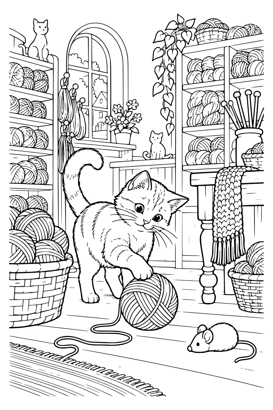 Coloriage : Un chat dans une boutique de laine.