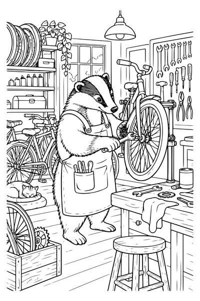 Ausmalbild: Ein Dachs in der Fahrradwerkstatt.
