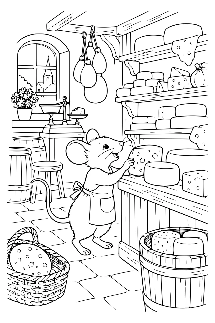 Kleurplaat: Een muis in een kaaswinkel.