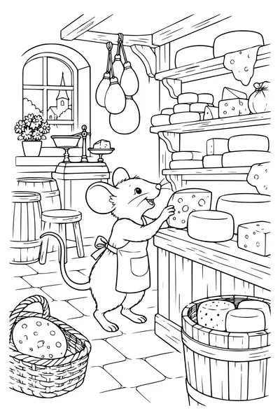Ausmalbild: Eine Maus im Käseladen.