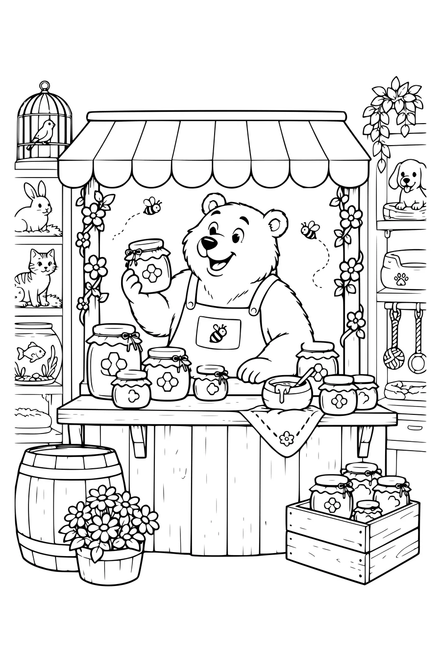 Coloring page: A bear at a honey stall.