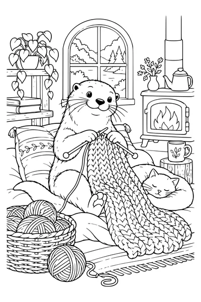 Ausmalbild: Ein Otter strickt eine Decke.