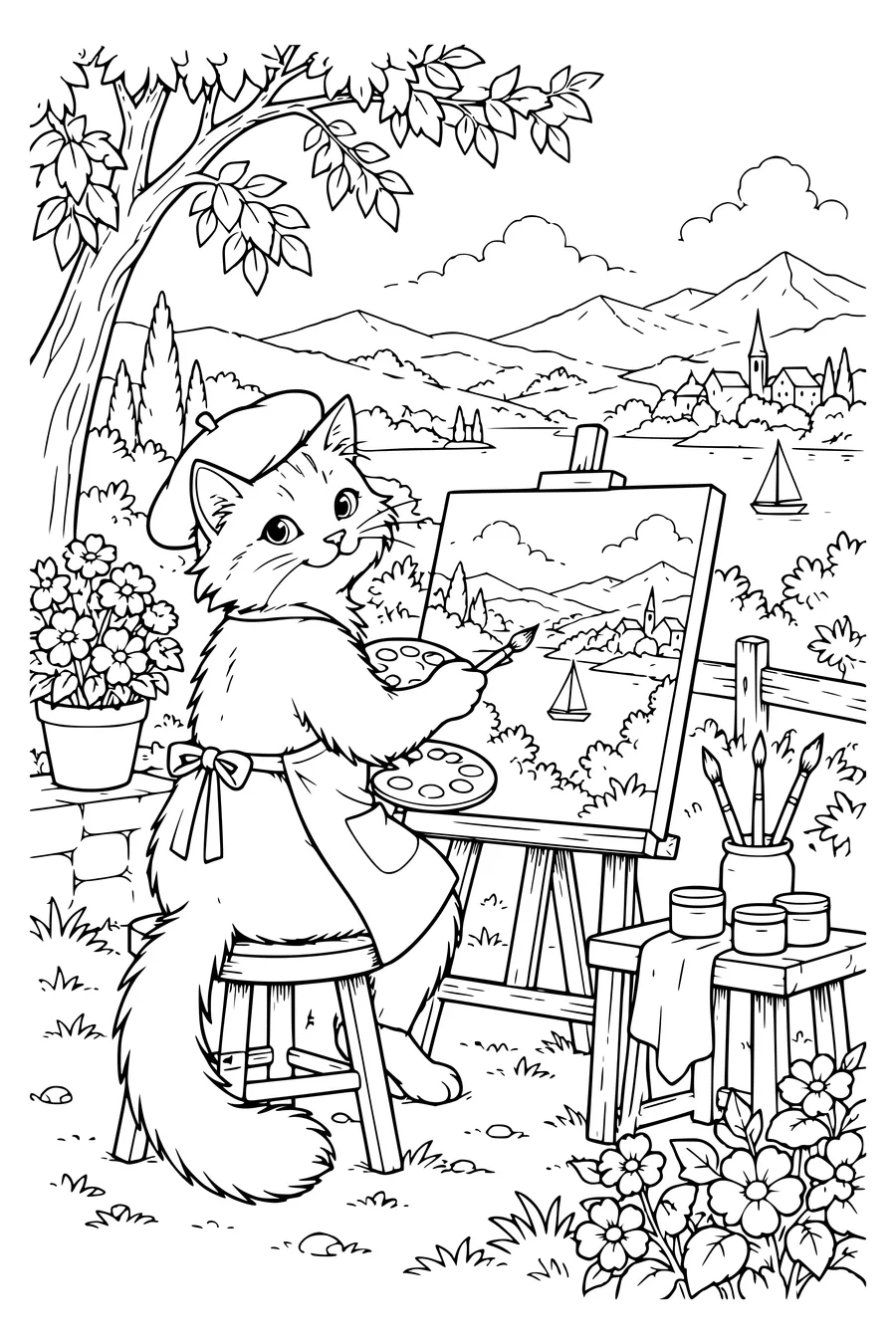 Coloring page: A cat paints a landscape.