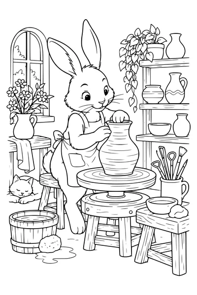 Ausmalbild: Ein Kaninchen formt eine Vase.