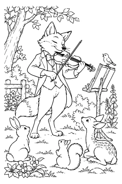 Ausmalbild: Ein Fuchs spielt Geige.