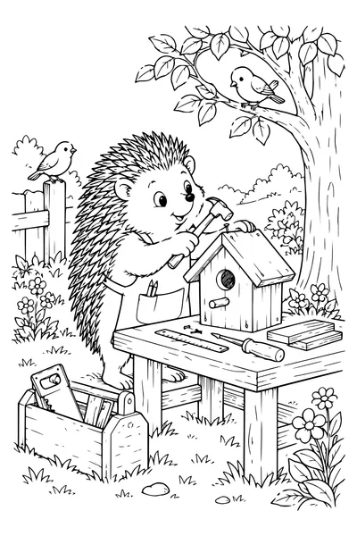 Ausmalbild: Ein Igel baut ein Vogelhaus.