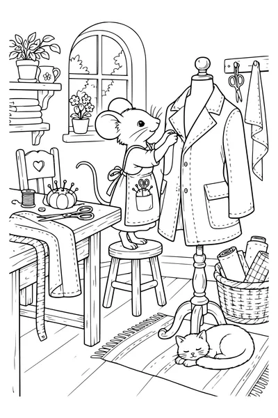 Ausmalbild: Eine Maus näht einen Mantel.