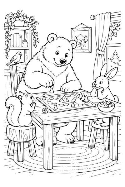 Ausmalbild: Ein Bär spielt ein Brettspiel.