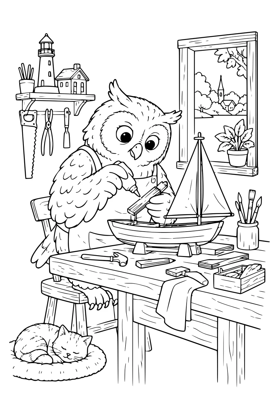 Coloriage : Une chouette construit un bateau miniature.