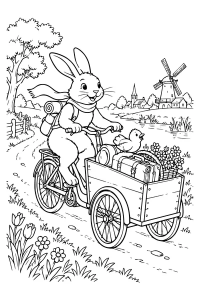 Ausmalbild: Ein Kaninchen fährt ein Lastenrad.