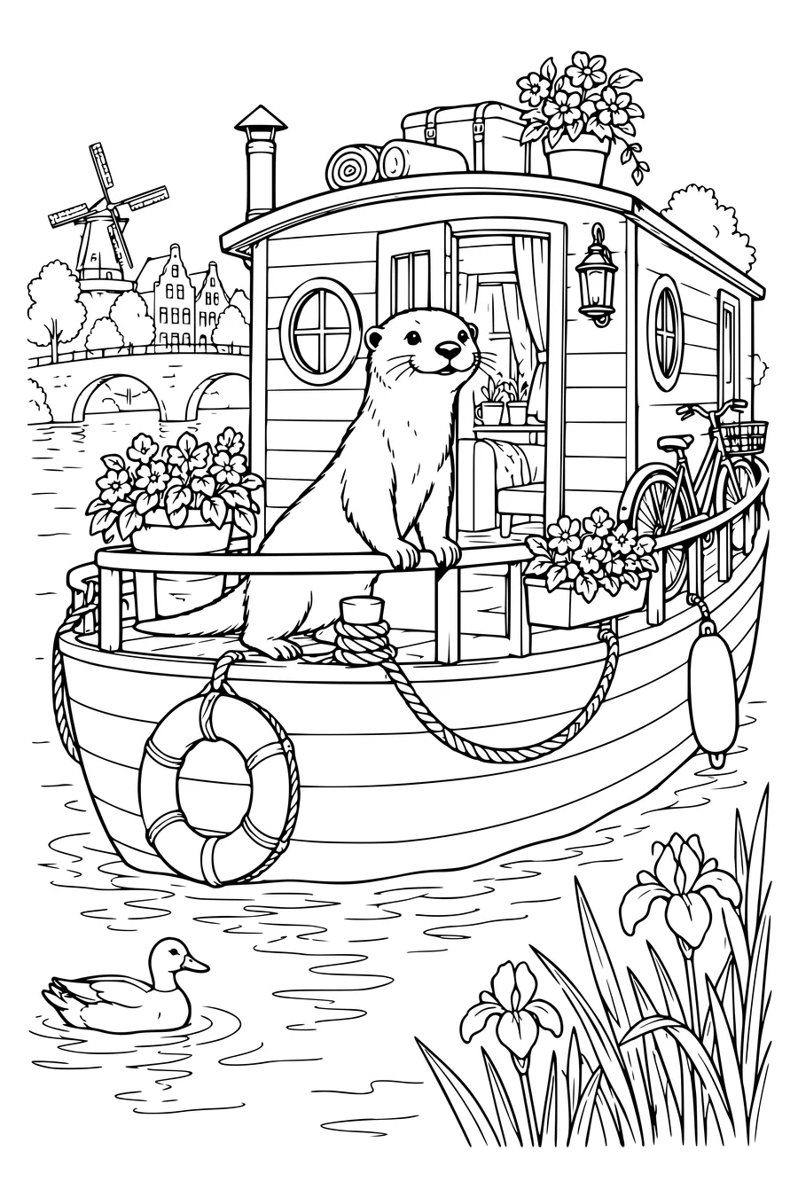 Ausmalbild: Ein Otter auf einem Hausboot.