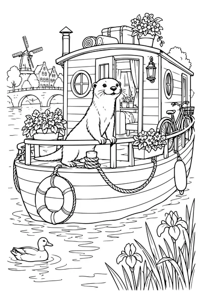 Ausmalbild: Ein Otter auf einem Hausboot.