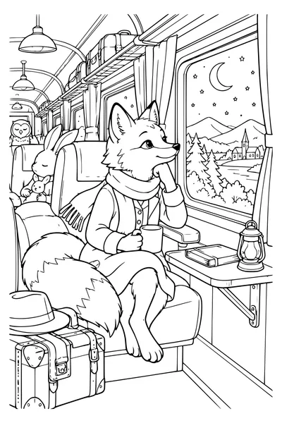 Ausmalbild: Ein Fuchs im Nachtzug.