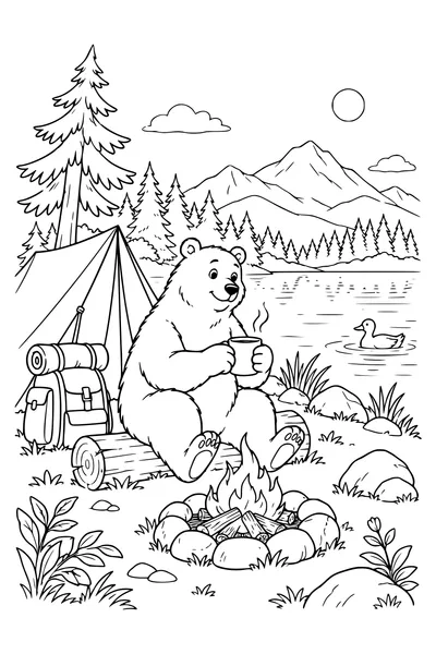 Ausmalbild: Ein Bär zeltet am See.