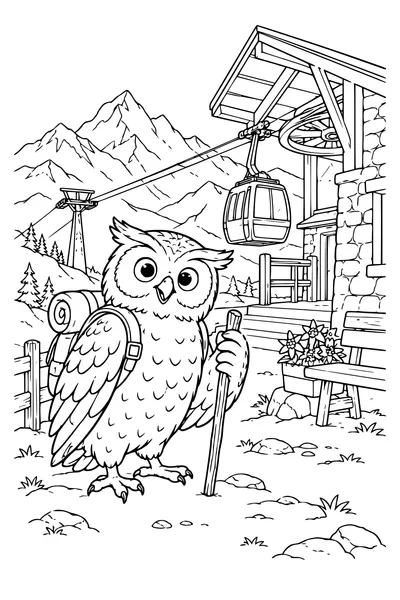 Ausmalbild: Eine Eule an der Bergstation.