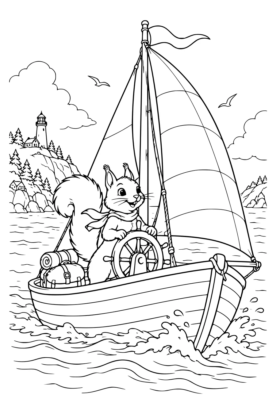 Coloring page: A squirrel aboard a sailboat.