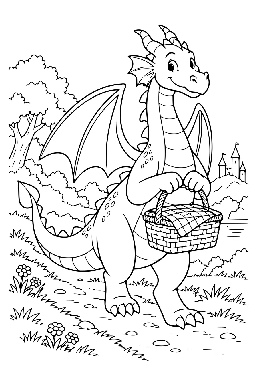 Coloriage : Un dragon porte un panier de pique-nique.
