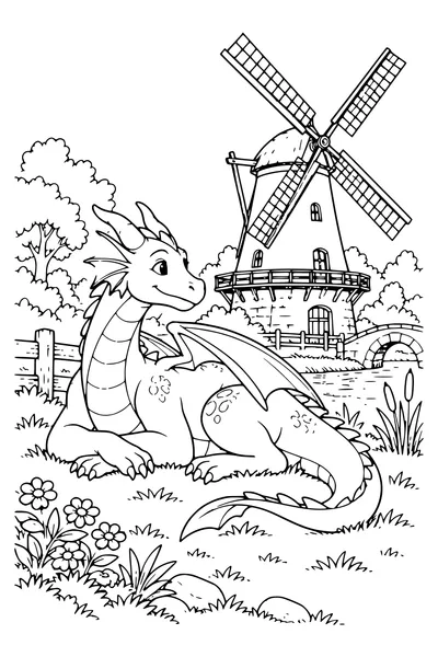 Coloriage : Un dragon se repose près d'un moulin.