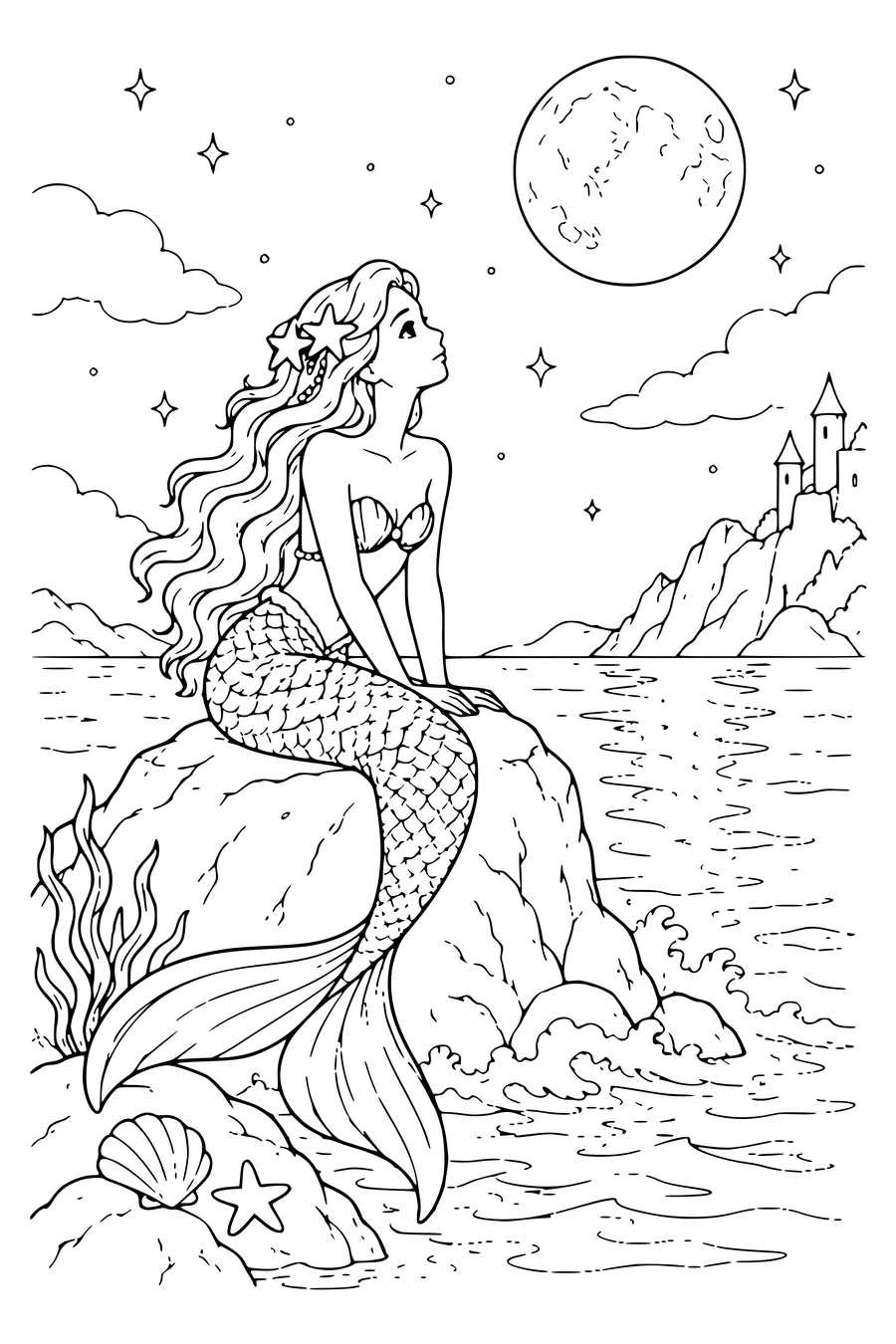 Coloring page: A mermaid gazes at the moon.