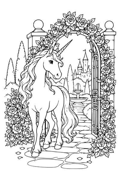 Ausmalbild: Ein Einhorn am Rosentor.