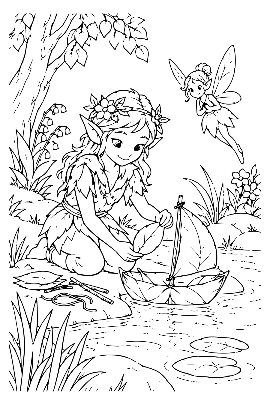 Ausmalbild: Ein Elf baut ein Blätterboot.