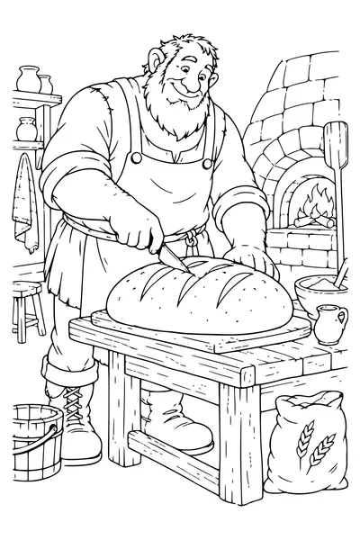Ausmalbild: Ein Riese backt ein riesiges Brot.